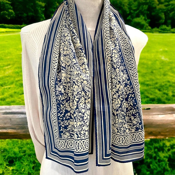 Accessories - Robinson Golluber Scarf Blue White Classy Floral Design Scarf Wrap 13x44 Vintage